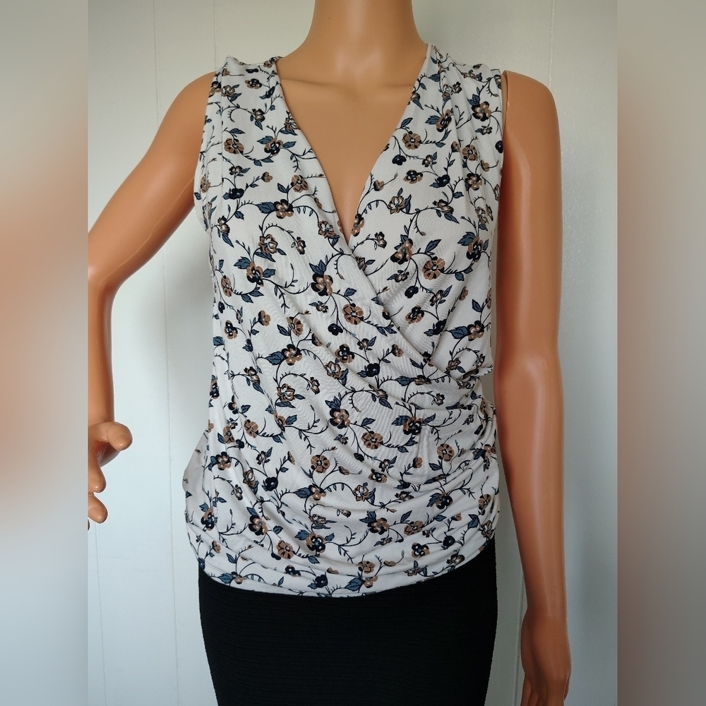 Ann Taylor Factory Floral Wrap Top - White and Blue Size S